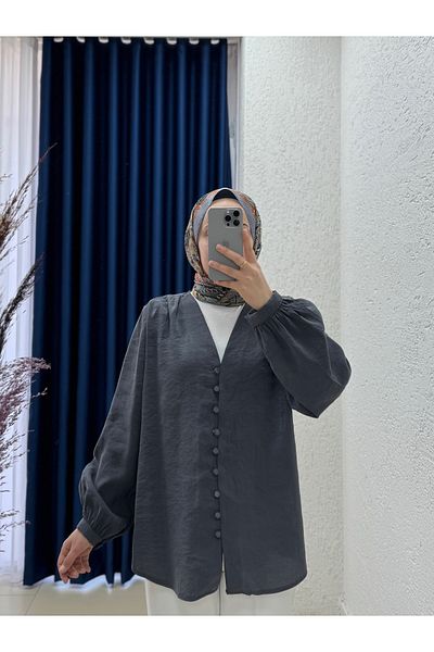 MİHRA STORE Zaryla V Neck Buttoned Pes Modal Shirt-Nl361 Anthracite