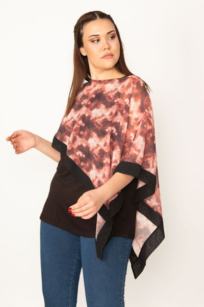 Şans Women's Large Size Black Chiffon Cape Tunic with Viscose Undershirt 65n31536
