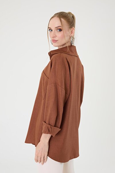 Hazel Tek Cepli Oversize Keten Gömlek- Kahverengi