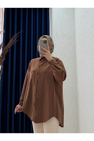 MİHRA STORE Berenice Single Pocket Self-Striped Seasonal Shirt-Chi1100 Brown
