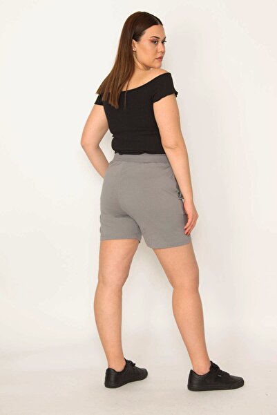 Şans Women's Large Size Gray Cotton Fabric Shorts with Elastic Waist and Eyelet Lace Side Pockets 65n32349