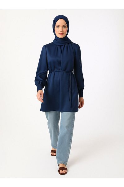 Refka Satin Tunic with Binding Detail - Navy Blue - Refka