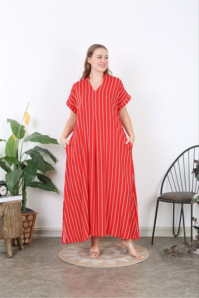 Şans Red Viscose Plus Size Dress - V-Neck Front Pleated and Side Slit Striped Long Dress 65N38739
