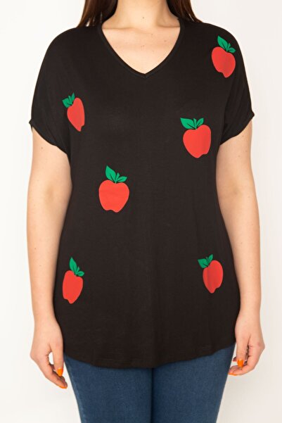 Şans Γυναικεία μπλούζα με χαμηλά μανίκια με λαιμόκοψη σε μεγάλο μέγεθος μαύρη 65n27641