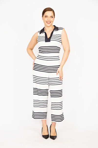 Şans Women's Navy Blue Large Size V-Footed Jumpsuit with Hidden Zipper on the Back 65n35958