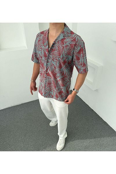 DEFES Regular Leaf Patterned Short Sleeve Shirt