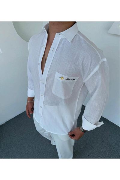 DEFES Embroidered Oversize Linen Men's Shirt