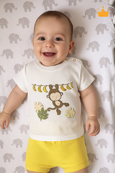 Babyhola 3-18 Ay %100 Pamuk Maymun Baskı Kaşkorse Şortlu Takım 3483
