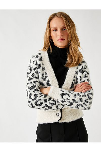 Koton Leopard Patterned Cardigan with Stone Buttons