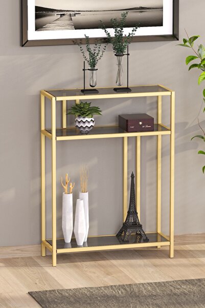 TOLIAHOME Gold Renk Füme Temper Camlı Dresuar Konsol Komodin