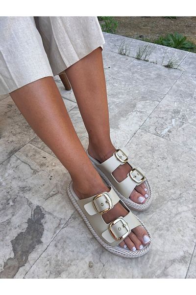 İnan Ayakkabı Women's Daily Slippers Double Strap Slippers Beige