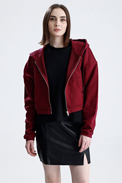 Sofist İstanbul Bordo Essentials Fit Kadın Zip Hoodie %100 Pamuk Kapüşonlu Düşük Omuzlu Fermuarlı Kanguru Cepli