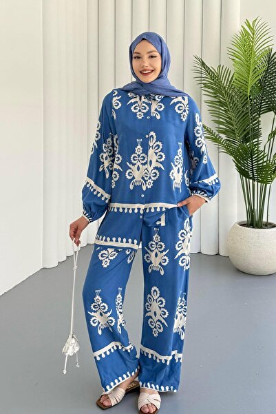 Modaensarbutik Etnik Desenli Viskon Kumaş Tesettür Takım-MAVİ