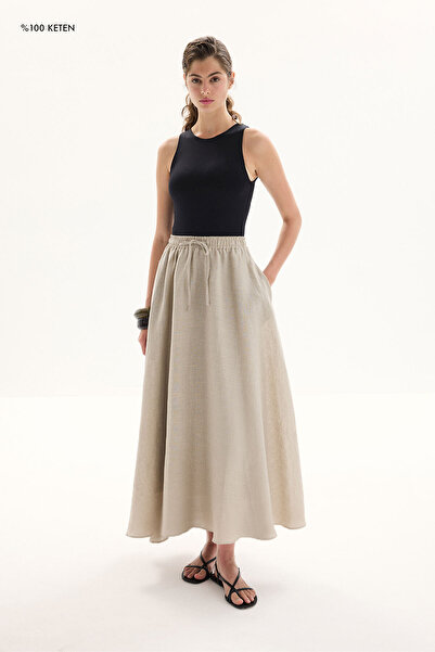 Hooopstore 100% Linen Stone Skirt with Elastic Waist