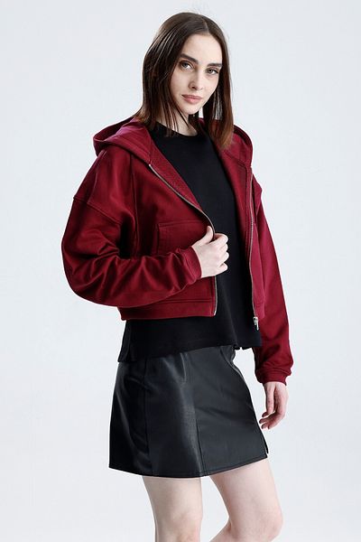 Sofist İstanbul Burgundy Essentials Fit Women's Zip Hoodie 100% Cotton Hooded Off Shoulder Zip Kangaroo Pocket