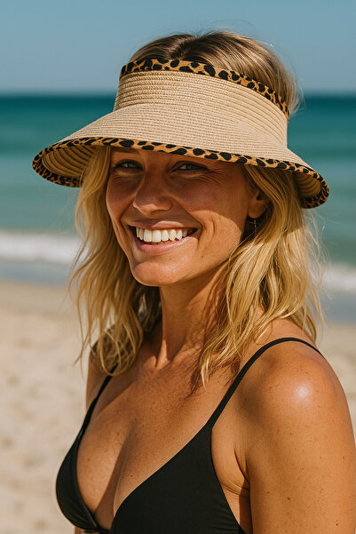 Luminos Butik Bej Güneş Koruyucu Leopar Şerit Detaylı Katlanabilir Hasır Vizör Şapka Hsr2076