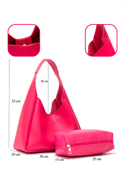 SHAKA Fuchsia Shk19 Faux Leather, Snap Closure, Single Compartment, Zippered Makeup Bag, Hand, Arm, and Shoulder Bag
