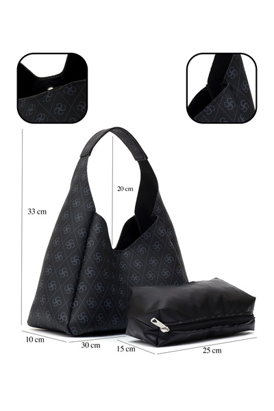 SHAKA Monogram Printed Black Shk19 Faux Leather, Snap Closure, Single Compartment, Zippered Makeup Bag, Hand, Arm and