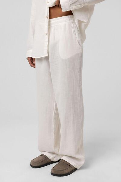 VAMOSCLO Baggy Fit Müslin Keten Pantolon Ekru