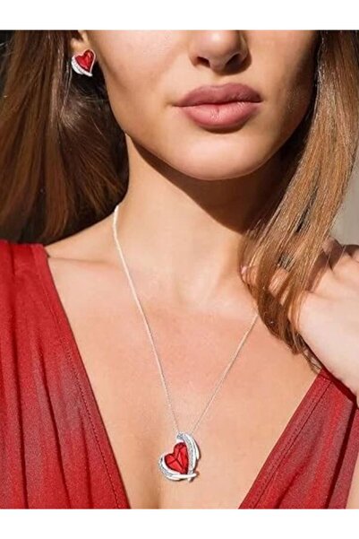 Kelan Silver Plated Pendant and Necklace Set with Swi Elements, Big Heart, Royal Red
