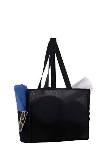 PAWWAYS Büyük Boy Kum Tutmayan Siyah Renk File Plaj Çantası Ve Alışveriş Çantası