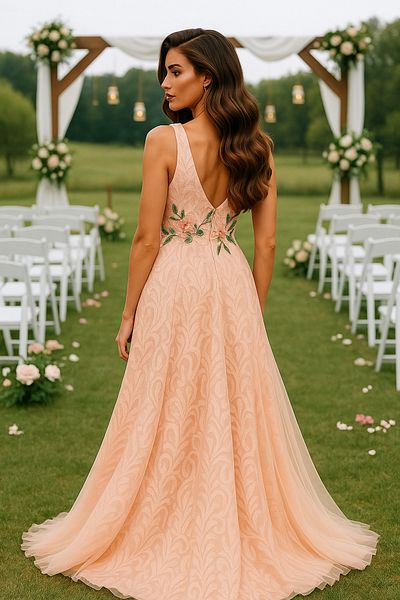 Neva Style Βραδινό φόρεμα Salmon με λουλουδάτο ραφές 7626smn