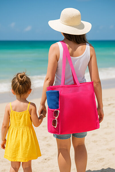 PAWWAYS Büyük Boy Kum Tutmayan Pembe Renk File Plaj Çantası Ve Alışveriş Çantası