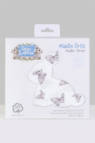 DEUX LAPINS 2-Piece Muslin Baby Blanket Iconique Lapin and Innocent Pink 100X100 cm