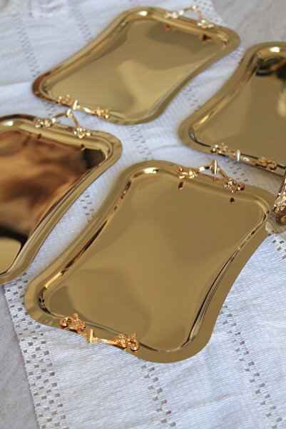 Moon Dizayn Dikdörtgen Gold Tepsi Kavisli Kenar Titanyum Kaplama Kahve Sunum Tepsisi