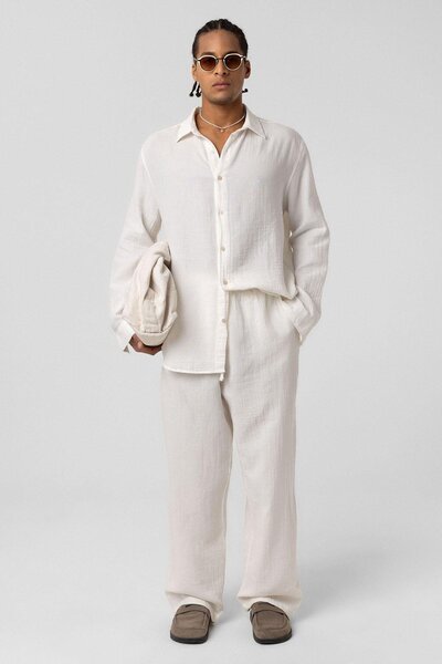 VAMOSCLO Baggy Fit Müslin Keten Pantolon Ekru