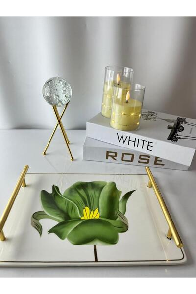 Moon Dizayn Gold kulplu çiçek tasarım Porselen Sunum Tepsisi