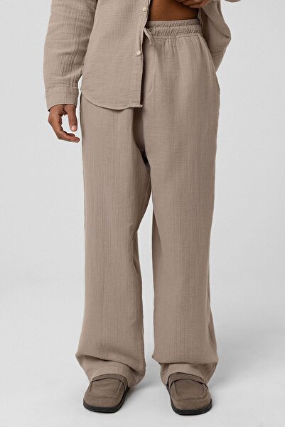 VAMOSCLO Baggy Fit Muslin Linen Trousers Mink