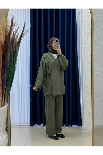 MİHRA STORE Costum Vinmora cu kimono cu legături laterale căpșuni-EK544 kaki