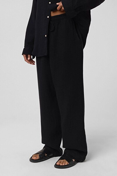 VAMOSCLO Baggy Fit Müslin Keten Pantolon Siyah