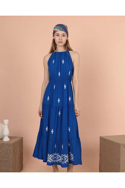 EL jadida Women's Halter Neck Embroidered Plus Size Viscose Long Dress Saks