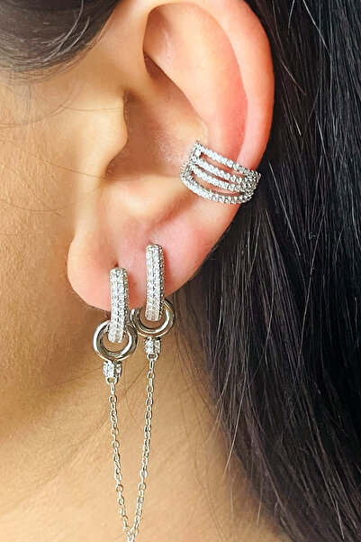 fk studio design Zirkon Taşlı 4 Şeritli Earcuff Kıkırdak Küpe