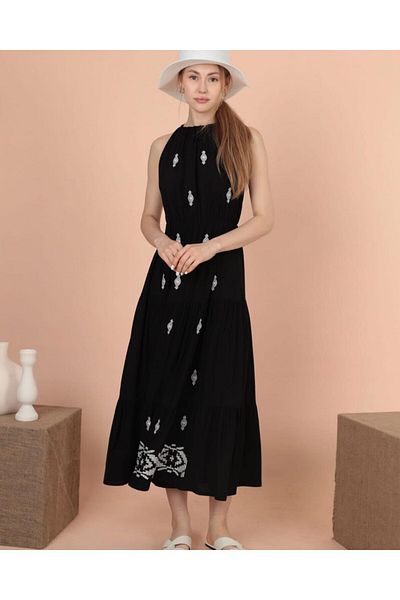 EL jadida Women's Halter Neck Embroidered Plus Size Viscose Long Dress Black White