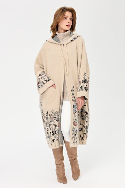 Desen Triko Women's Knitwear Cornflower Patterned Aphrodite Poncho Beige