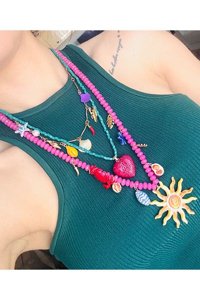 Markiz Takı Brand Pink Bead Multiple Charm High Quality Necklace
