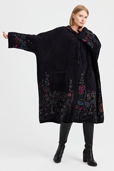 Desen Triko Women's Knitwear Gray Patterned Aphrodite Poncho Black