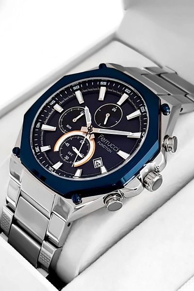 Ferrucci Function Blue Color Case and Silver Color Steel Band Men's Wrist Watch Zmfer063