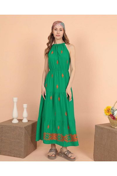 EL jadida Women's Halter Neck Embroidered Plus Size Viscose Long Dress Green