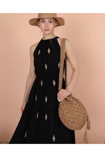 EL jadida Women's Halter Neck Embroidered Plus Size Viscose Long Dress Black Mink