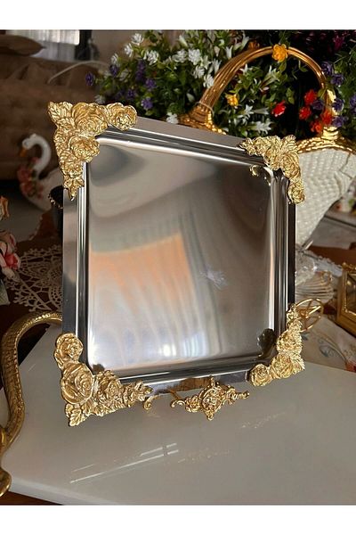 LOKMAN ZÜCCACİYE Silver Gold Detailed 18/10 Steel Coffee Presentation Tray 1 Piece