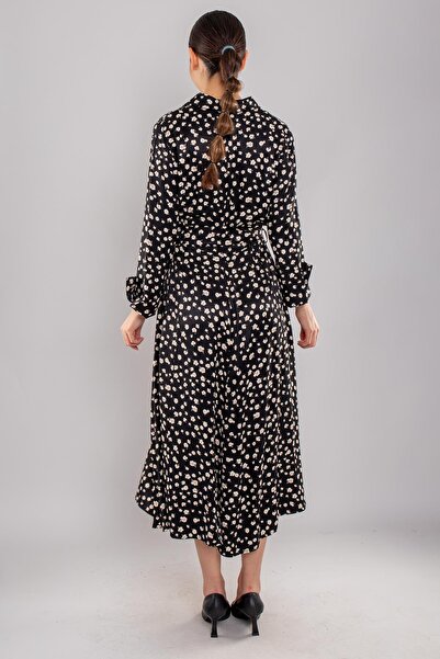 AYHAN 61907 Μακρύ φόρεμα με σατέν λουλούδι με κουμπιά και ζώνη