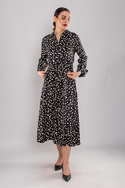 AYHAN 61907 Μακρύ φόρεμα με σατέν λουλούδι με κουμπιά και ζώνη