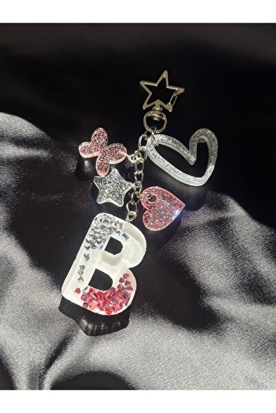 schkırt B Harf Gümüş Yıldız Halka Vıp Taşlı Ekstra Figürlü Epoksi Harf Anahtarlık Hediyelik Anahtarlık