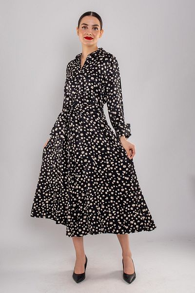 AYHAN 61907 Satin Flower Pattern Buttoned Belted Long Dress