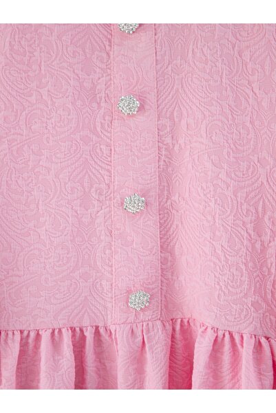 Modamorfo Önü Taşlı Düğme Detaylı Parçalı Arkası Fermuarlı Tunik -Pembe