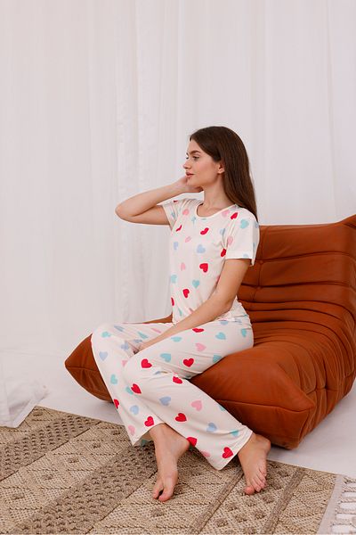 Arvin Pijama Set de pijamale tricotate cu mânecă scurtă Milan, cu imprimeu de inimă colorată pentru femei